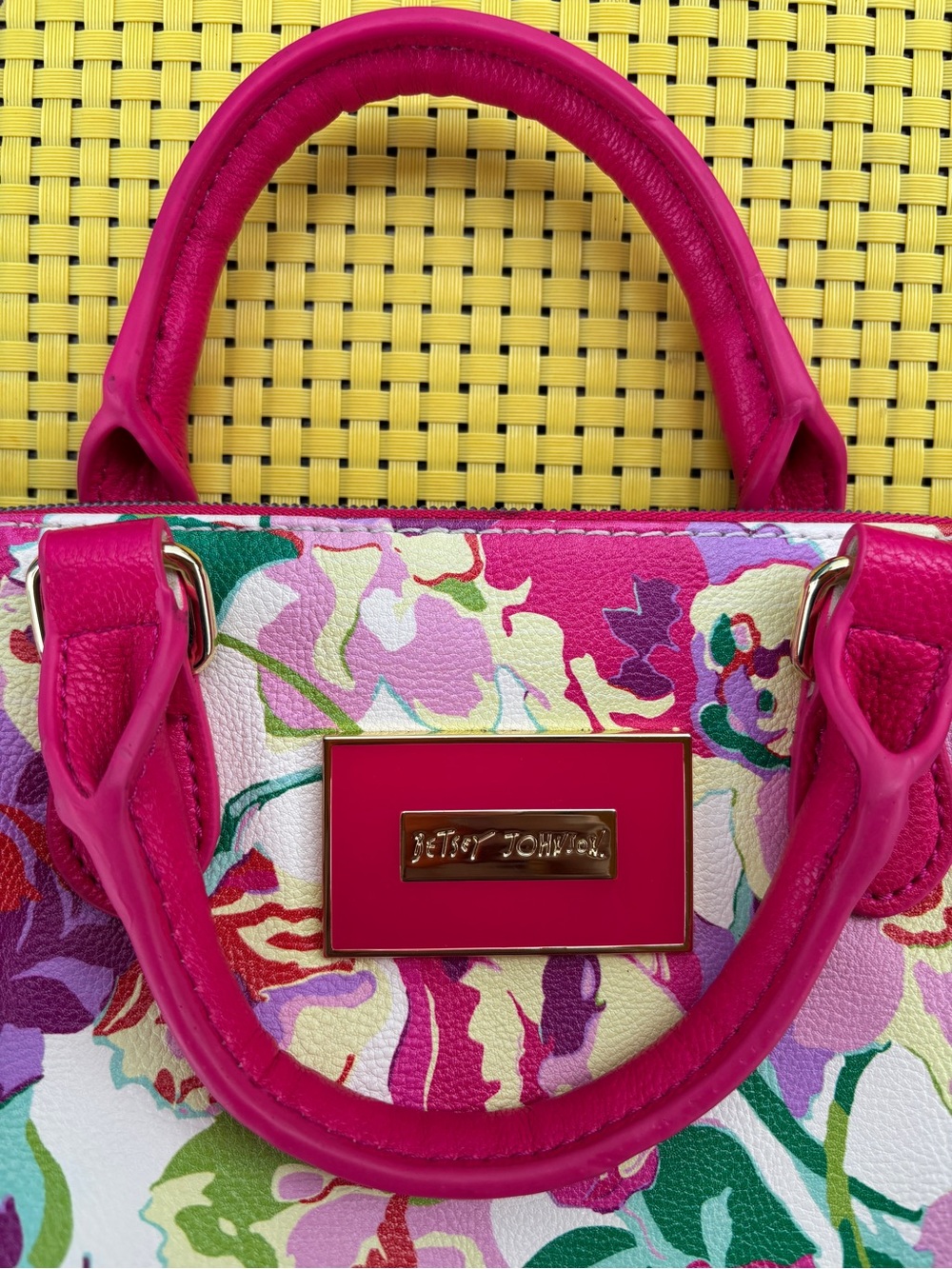Betsey Johnson Hot Pink Floral Satchel with Gold Chain - Picture 11 of 12